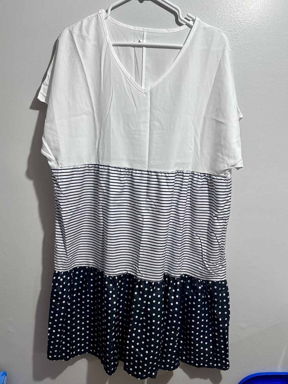 V-Neck White Black Stripe Polka Dot Midi Dress Size XXL (1434)